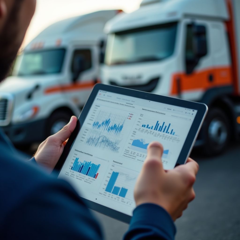Gestor de flota revisando datos de mantenimiento en tablet
