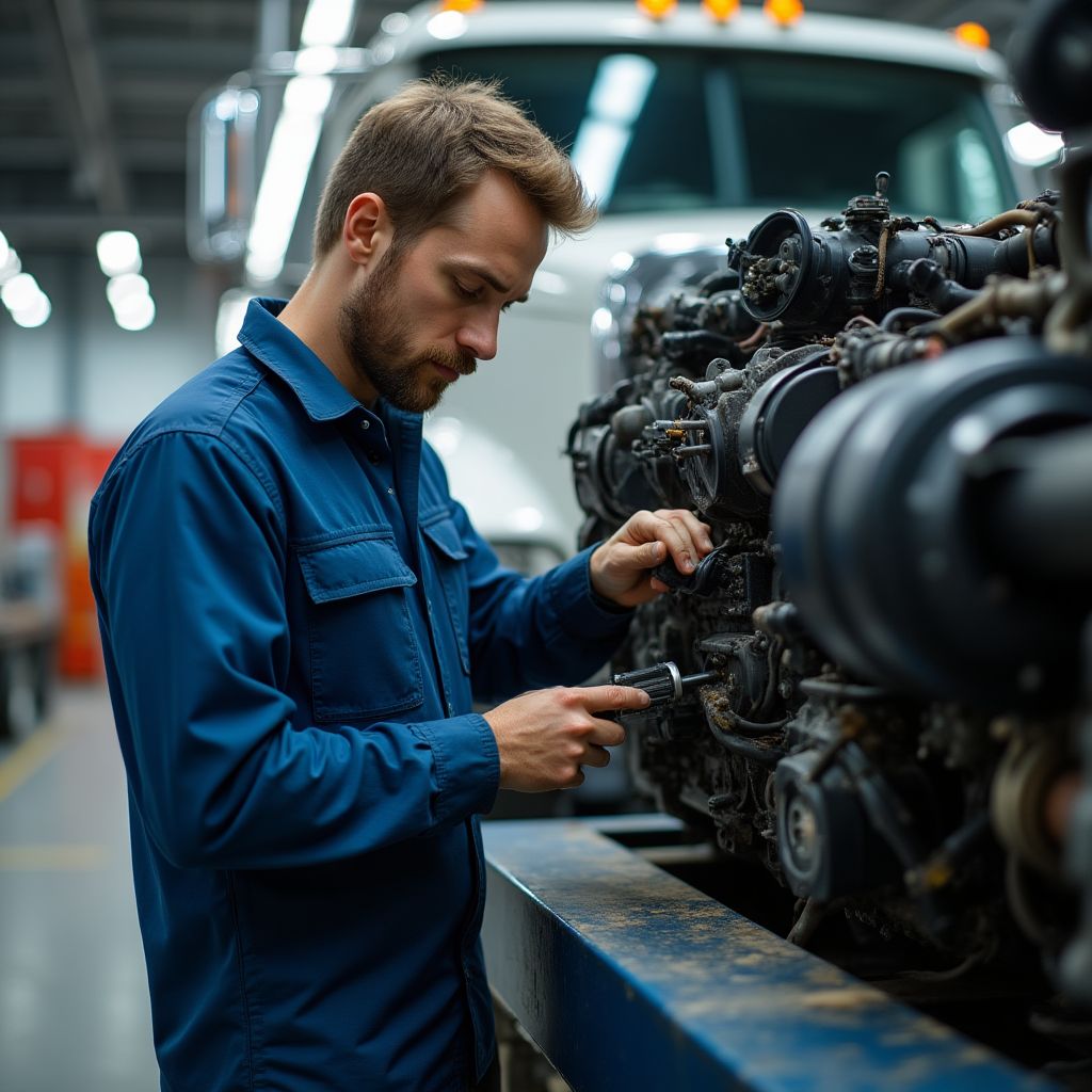 Mecánicos especializados reparando motor de vehículo comercial